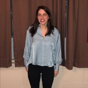 Blue Button-Up Blouse with Partially Open Back NWT